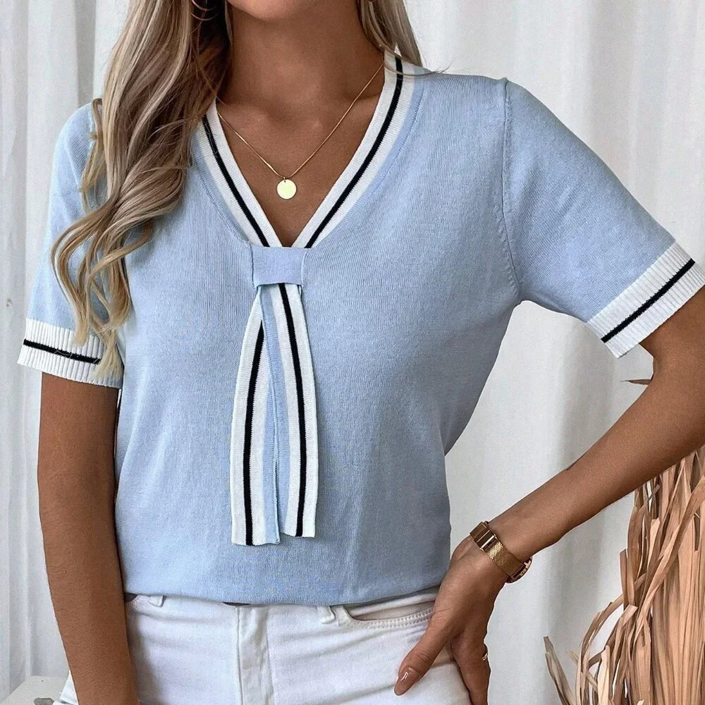 Blue Casual Women's Striped Color Block Short Sleeve Knit Top